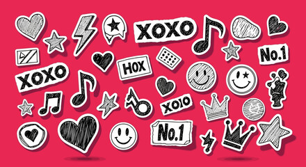 A vibrant collection of hand-drawn stickers featuring hearts, stars, musical notes, and smiley faces on a red background.