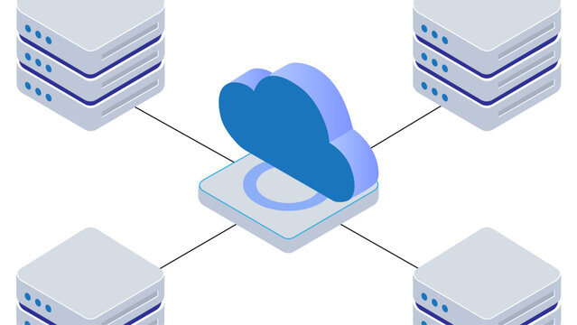 Isometric data storage hub with multiple server units connected to central cloud for digital information processing.