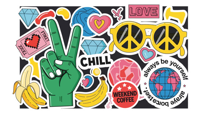 A vibrant collection of colorful stickers featuring peace signs, hearts, diamonds, bananas, and positive affirmations like 'Chill' and 'Love'.