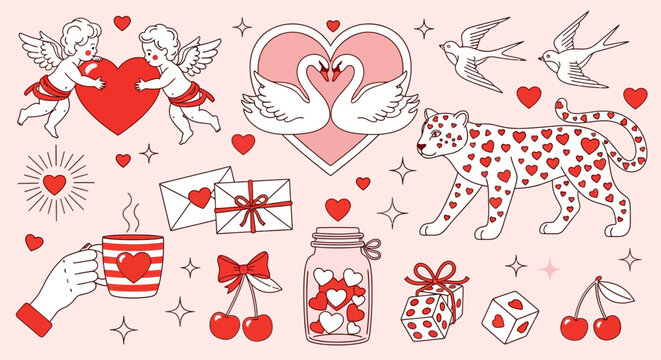 A charming collection of Valentine's Day themed illustrations featuring cupids, swans, a leopard, love letters, and romantic symbols on a pink background.