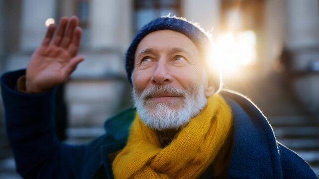 A Joyful Elderly Man Waving Goodbye with a Bright Smile, Wearing a Cozy Blue Hat and Warm Yellow Scarf on a Glorious Day, Radiating Happiness and Contentment in a Beautiful Outdoor Setting