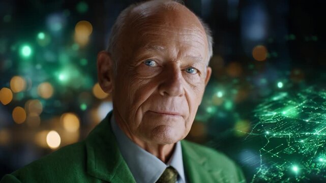 An astute gentleman gazes thoughtfully into the camera, embodying wisdom and sophistication, while intricate patterns of green digital data swirl around him 