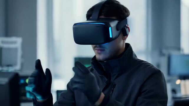 Person uses virtual reality headset in a lab setting for gaming and simulation experiments in the afternoon