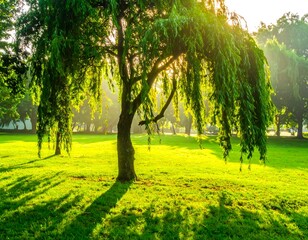 Fototapeta premium A vibrant photograph of a weeping tree, bathed in sunlight. Green grass spreads, and other trees fade into soft background