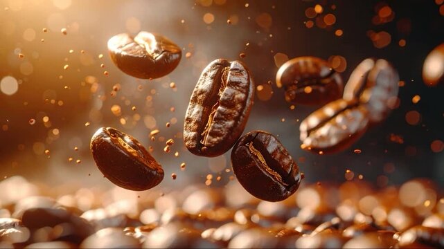 Roasted coffee beans float amidst a warm glow, creating a dynamic composition