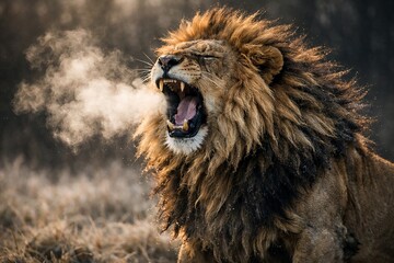 The lion roars in the early morning.