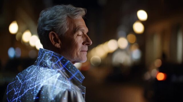 A contemplative older man stands under city lights with a digitally enhanced jacket projecting intricate patterns symbolizing connection, technology