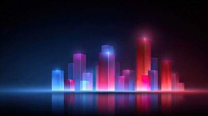 Abstract Digital Cityscape with Colorful Neon Lights Reflecting on Surface in Dark Background Suitable for Technology and Urban Themes