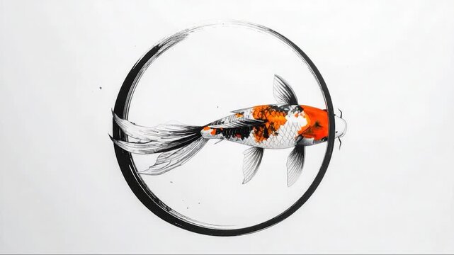 A koi fish swims within a dark circle, starkly against a white background