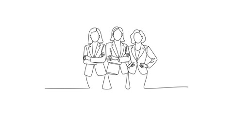 Three professional women standing together in continuous line art representing teamwork and confidence.