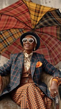 Una mujer con un estilo impecable posa con un paraguas a cuadros en una silla antigua.