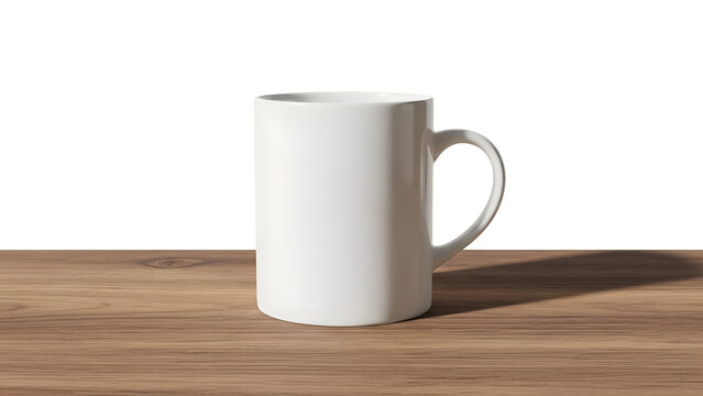 Standard white ceramic coffee mug mockup on horizontal wooden plank table surface isolated against plain white background high key studio photography clean minimal style for merchandise display use