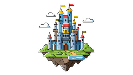Fantasy fairytale castle on a floating island with whimsical architecture and cartoon clouds. Magical kingdom illustration. © shat
