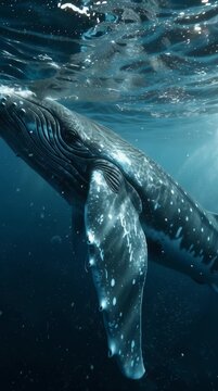 Una ballena jorobada emerge majestuosamente desde las profundidades del oc&eacute;ano, iluminada por rayos de sol que se filtran a trav&eacute;s de la superficie.