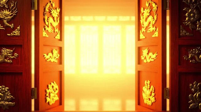 Ornate Chinese temple doors with golden dragon designs and bright light.