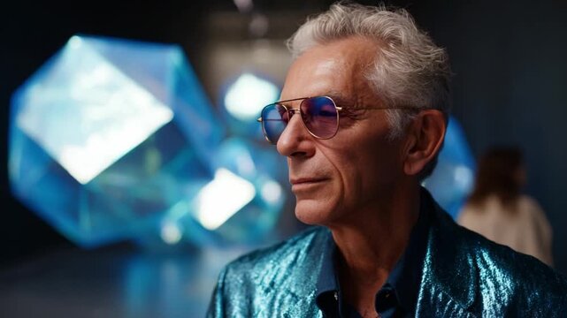 A distinguished individual in stylish attire stands confidently amidst a stunning exhibition of luminous geometric shapes, embodying an intriguing blend of charisma and modern artistic expression.
