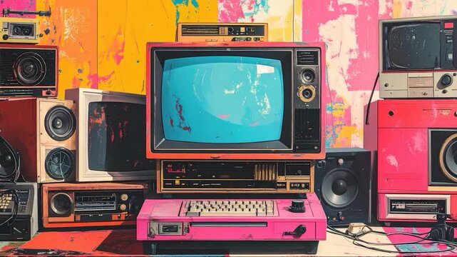 Retro electronics pile against a vibrant, abstract, color-splashed background