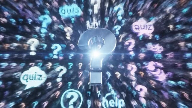 A background of question marks with speech bubbles containing "quiz" and "help." A large question mark is centered