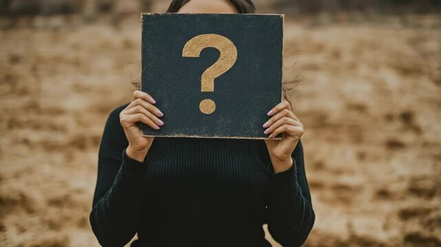 Mystery woman holding question mark sign in desert landscape