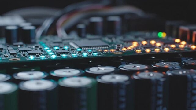 Close up electronic circuit board with glowing components.