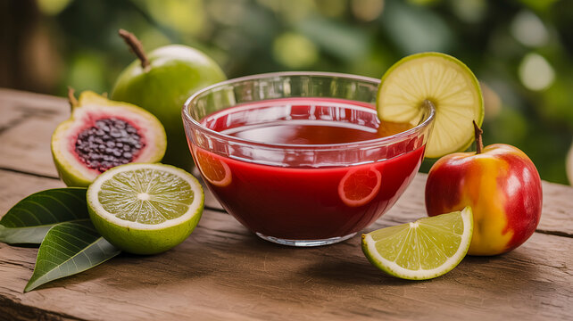 A vibrant glass bowl of red guava juice on a rustic wooden table, surrounded by fresh whole and sliced limes, an apple, and guavas. A healthy, refreshing tropical drink with a natural background