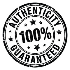 Black stamp displaying authenticity 100 guaranteed with star accents