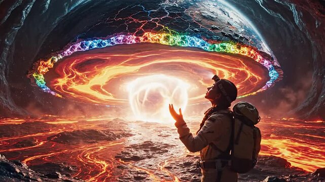 Solitary explorer gazes toward a colossal translucent earth cross-section revealing inner layers