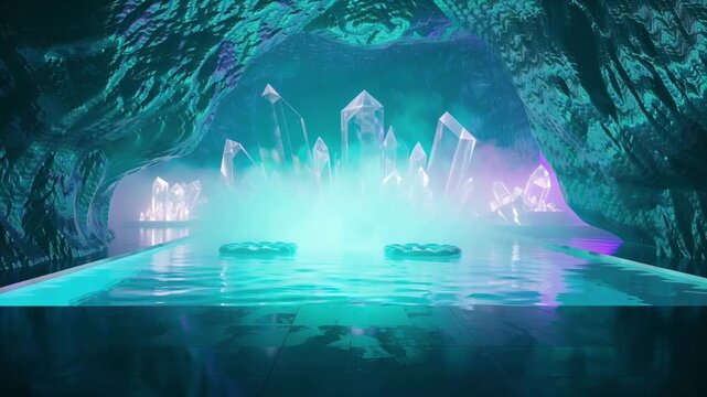 4K cinematic video, luxurious spa interior inside massive glowing crystal cave, reflective water pools, floating meditation platforms, ethereal colored ambient lighting shifting gradients, translucent