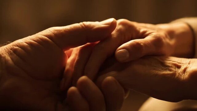 Elderly hands being held gently by a caring person.