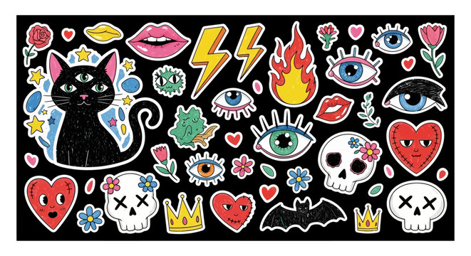 A vibrant collection of quirky and mystical stickers featuring a black cat, skulls, hearts, eyes, lips, and lightning bolts on a black background.