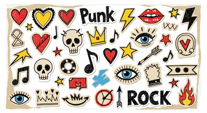 A vibrant collection of punk and rock-themed graphic elements, including hearts, skulls, lightning bolts, lips, and musical notes, presented as stickers on a textured background.