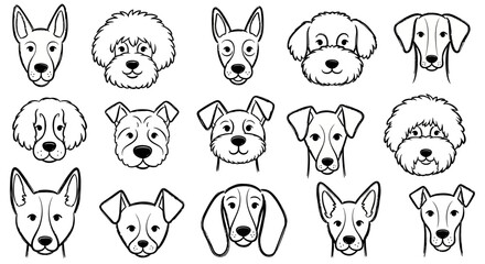 Obraz premium A collection of diverse dog breed faces, presented in a clean, black and white line art illustration style.