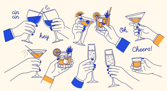 A collection of hands holding various cocktail glasses and drinks, celebrating with toasts and cheers.