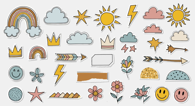 A collection of cute, hand-drawn, boho-style illustrations featuring rainbows, suns, clouds, stars, lightning bolts, crowns, arrows, smiley faces, and flowers.