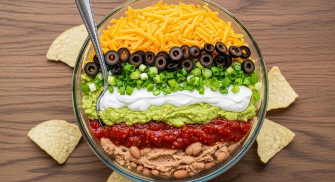 Delicious seven layer dip with chips.