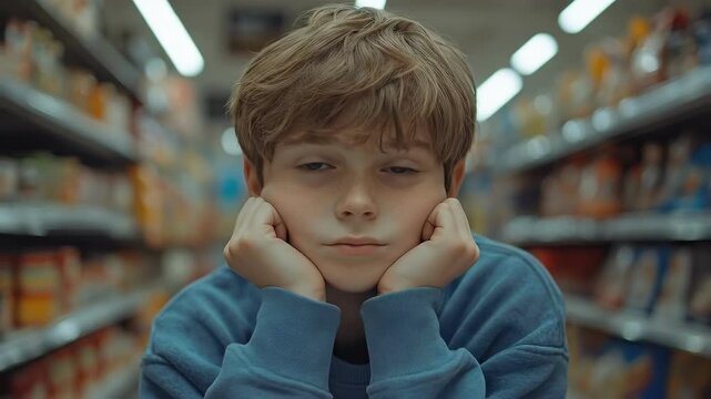 Bored caucasian young boy in grocery store aisle wearing blue sweater