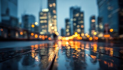 Obraz premium A blurred cityscape at dusk, with soft reflections on wet pavement and glowing lights from buildings, creating a moody, atmospheric scene.