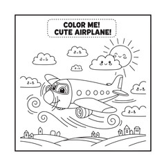 Passenger Airplane Coloring Page, Cute Aircraft Black and White Outline