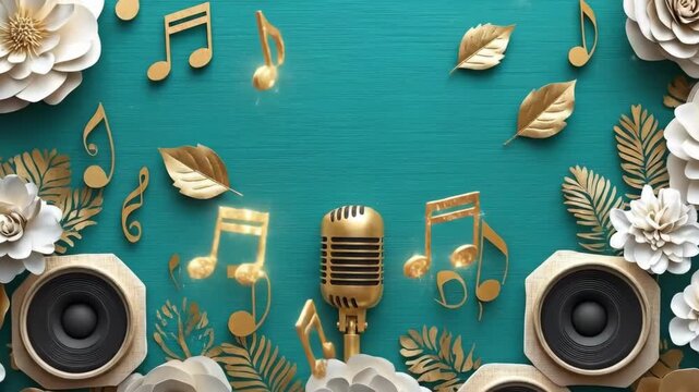 Vintage microphone with gold and white floral decor on teal background