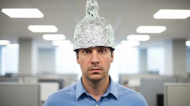 Man wearing a tin foil hat and looking around in an office, conspiracy theory concept