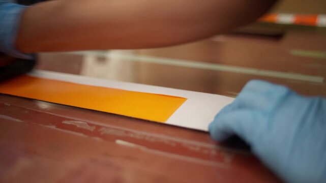 SLOW MOTION SHOT OF AN INK TECHNICIAN TESTING AN ORANGE COLOR