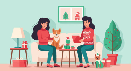 Obraz na płótnie Canvas Two women and pets celebrating Christmas indoors with gifts and a tree