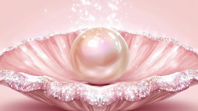 Shimmering pink pearl in an opened sparkling clam shell on soft pink background