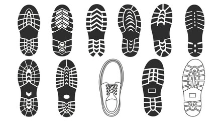Various shoe sole designs and a sneaker on a white background
