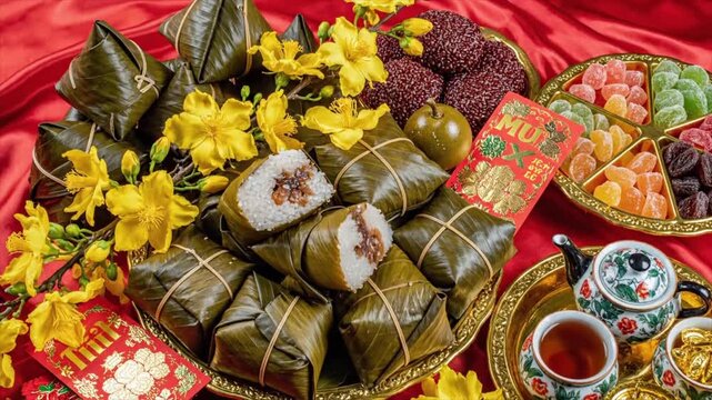 Vietnamese Tết Holiday Feast B&aacute;nh Chưng Sticky Rice Cakes Traditional Mứt Candies Mai Flowers L&igrave; X&igrave; Red Envelope 4k video animation seamless loop