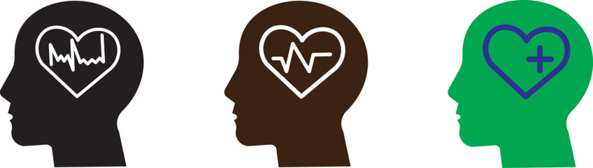 Human head profiles with heart icons.  mental well-being concepts in psychology and wellness campaigns