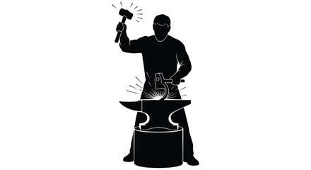 A blacksmith forging metal with a hammer and anvil depicted as a striking black silhouette on transparent background high quality professional © mrvect02
