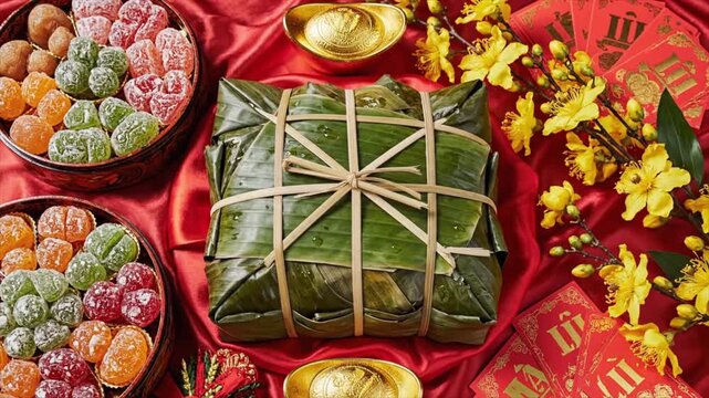 Traditional Vietnamese Tết Celebration Table featuring B&aacute;nh Chưng Sticky Rice Cake, Mứt Tết Candies, Red Envelopes, and Golden Ingots on Red Satin Cloth 4k video animation seamless loop