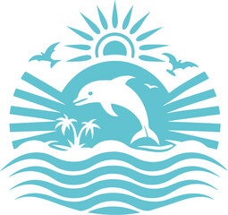 Dolphin jumping over waves with sun and palm trees a tropical island emblem for travel and leisure vector illustration