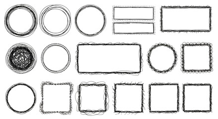 A collection of hand-drawn circular and rectangular frames with a sketchy, scribbled texture, presented on a white background.